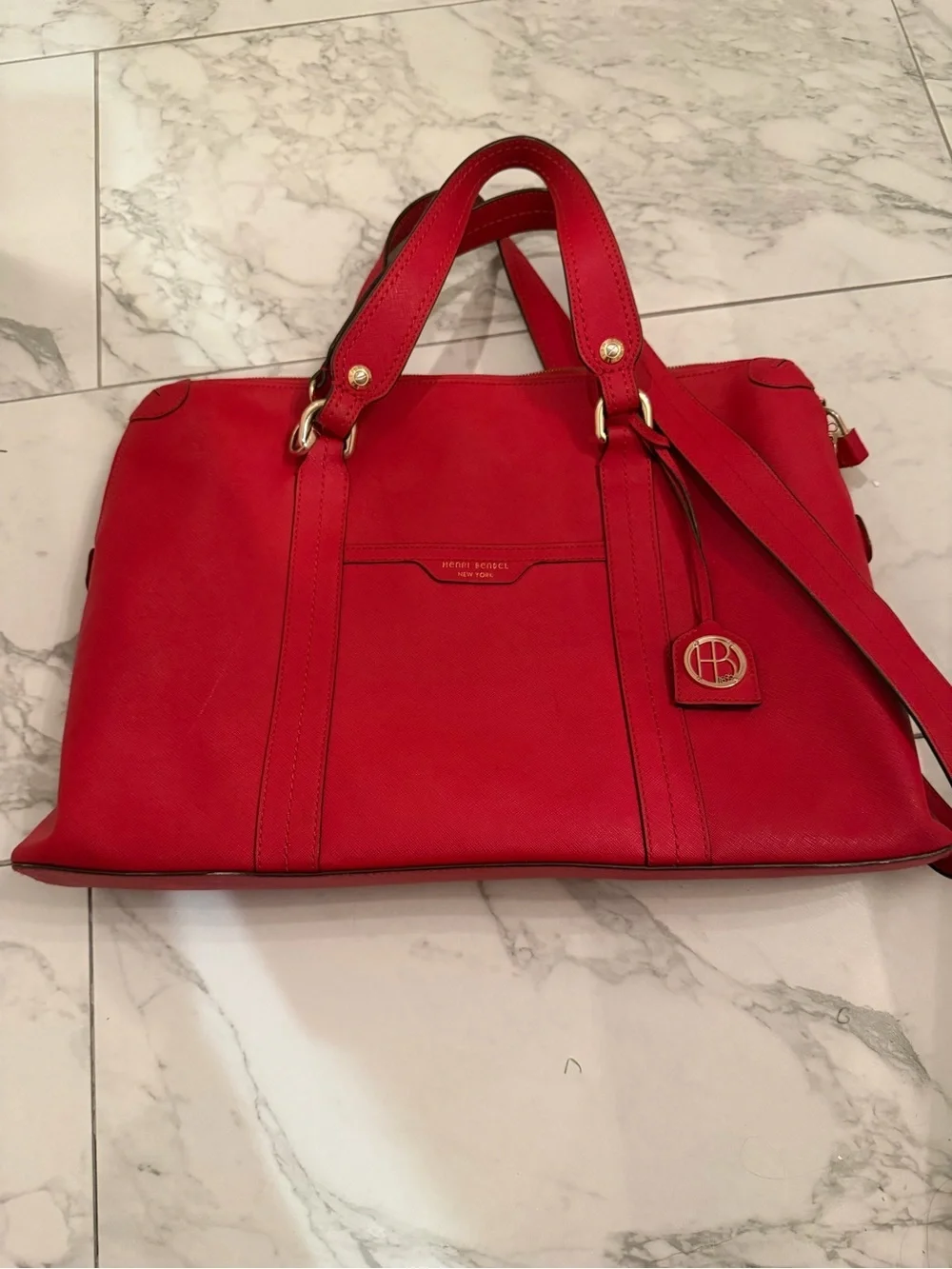 Henri Bendel New York Large Red Saffiano Laptop Tote Bag